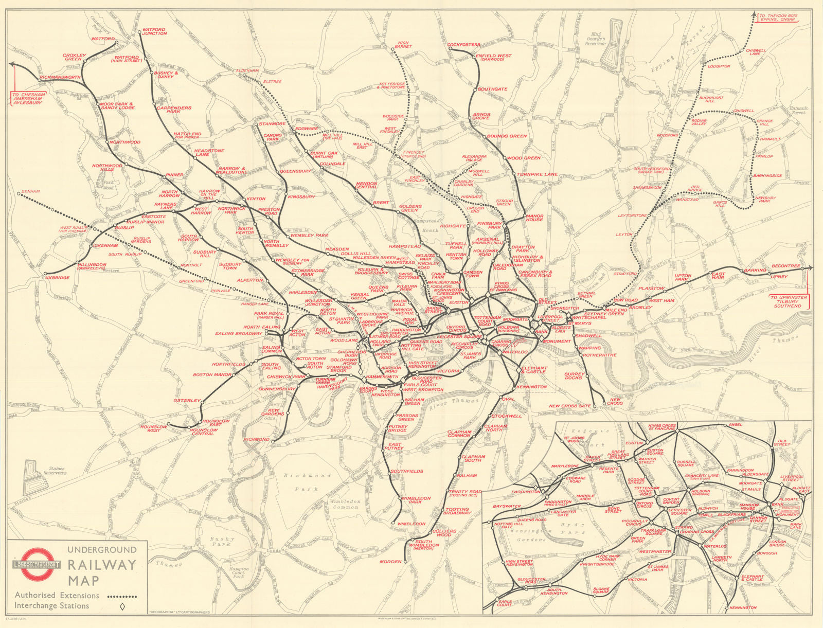 London Transport Underground Railway Map. Central Line & Northern Heights 1937